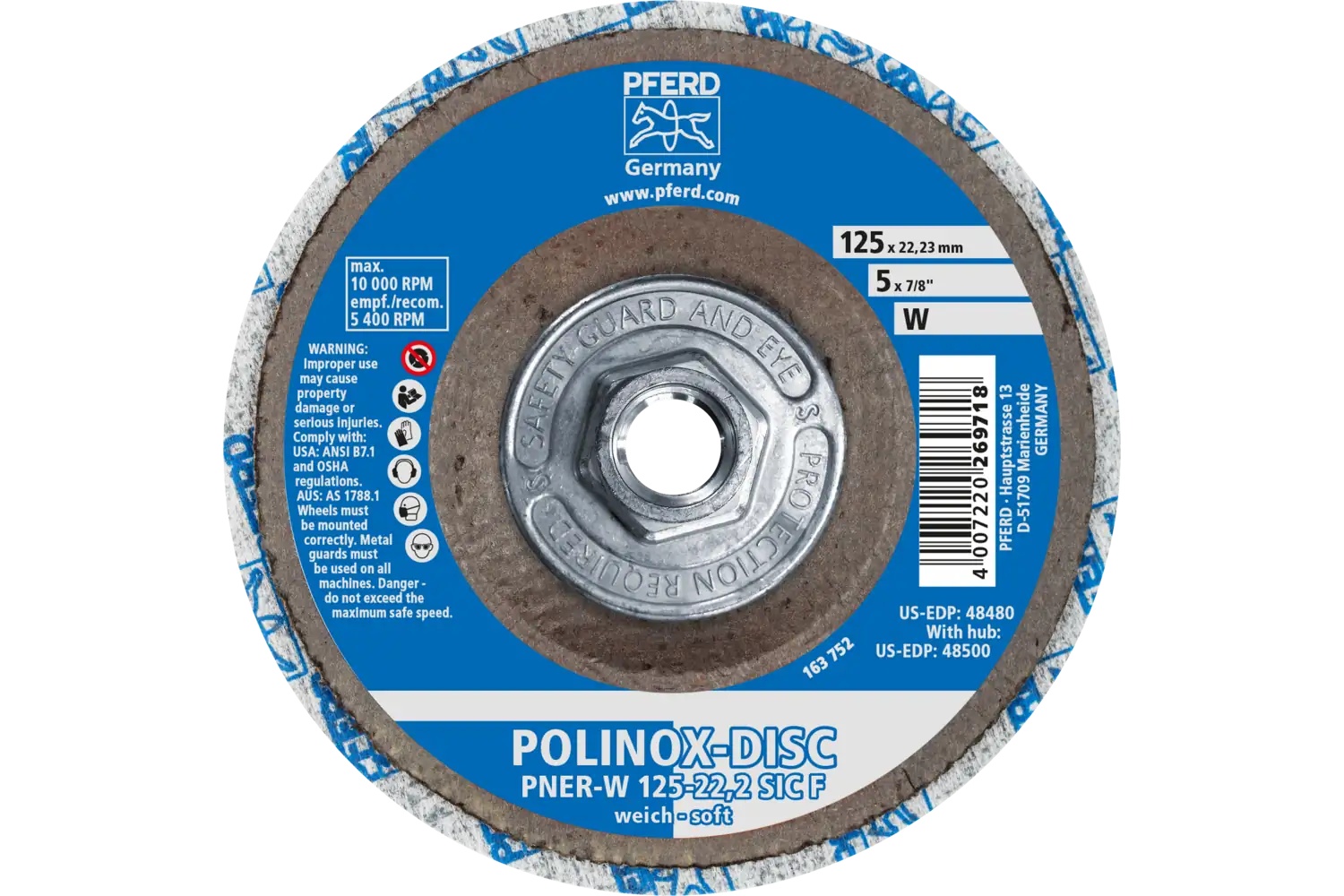 Picture of Pferd Polinox® Unitized Disc, 5" x 1/2 x 5/8-11, T27, Fine, Soft, 2SF, Silicon carbide